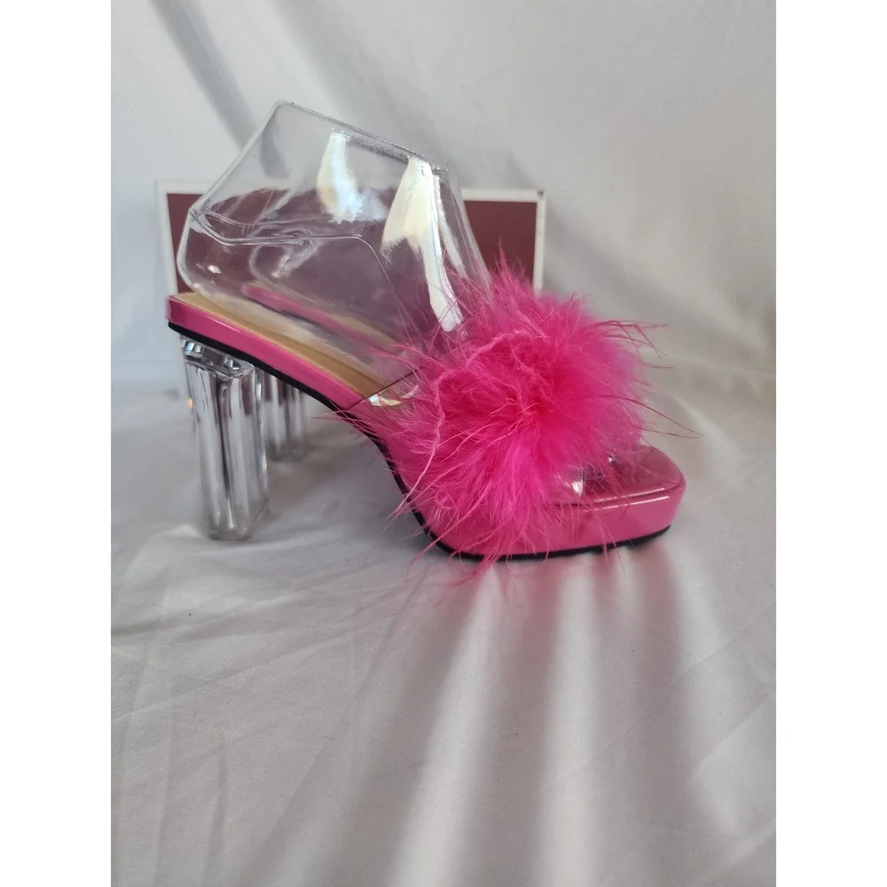 LIURUIJIA Pink Feather Platform Sandals Clear Block Heel Y2K Barbiecore Mules 39
